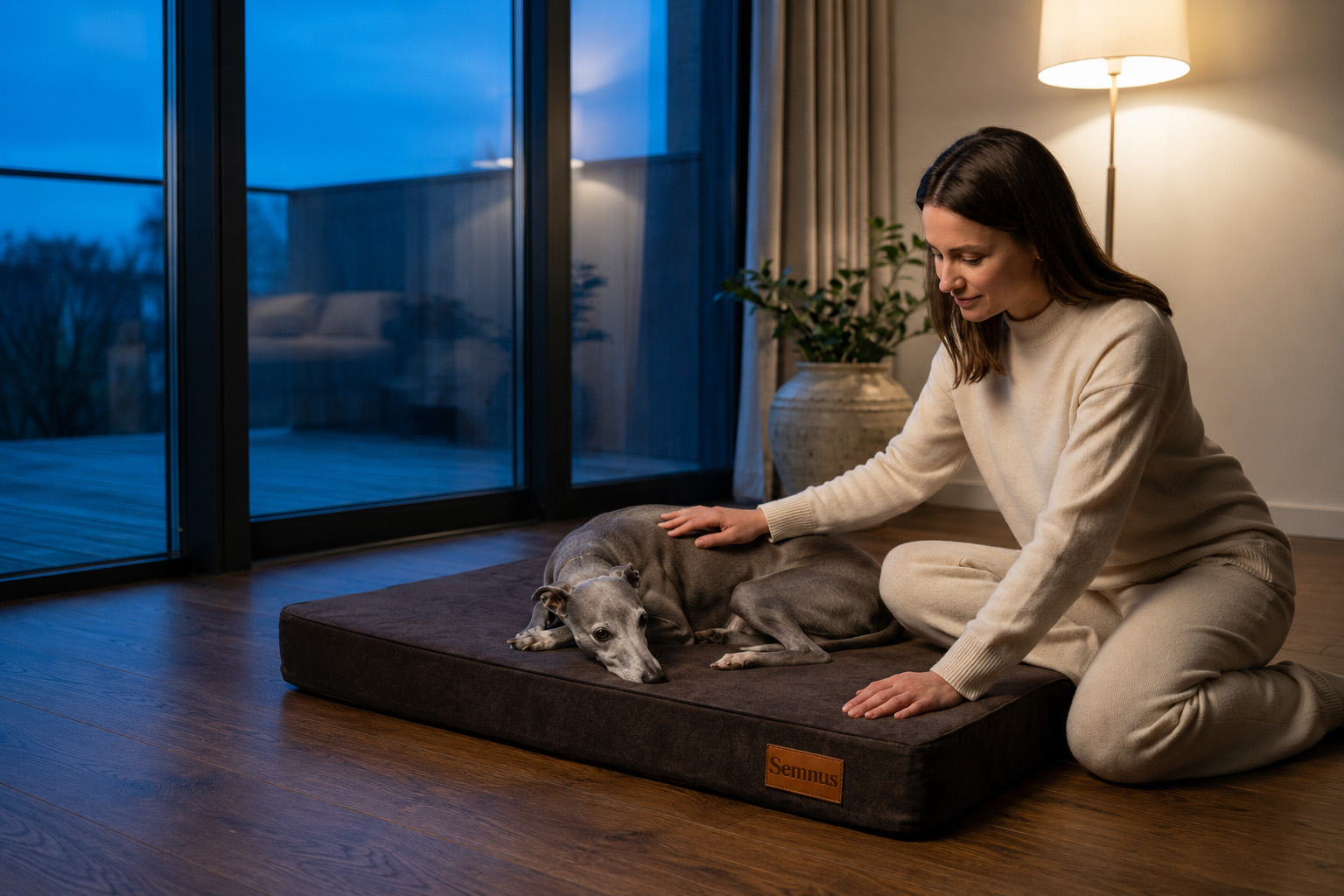 Whippet odpoczywający z opiekunką na materacu Semnus